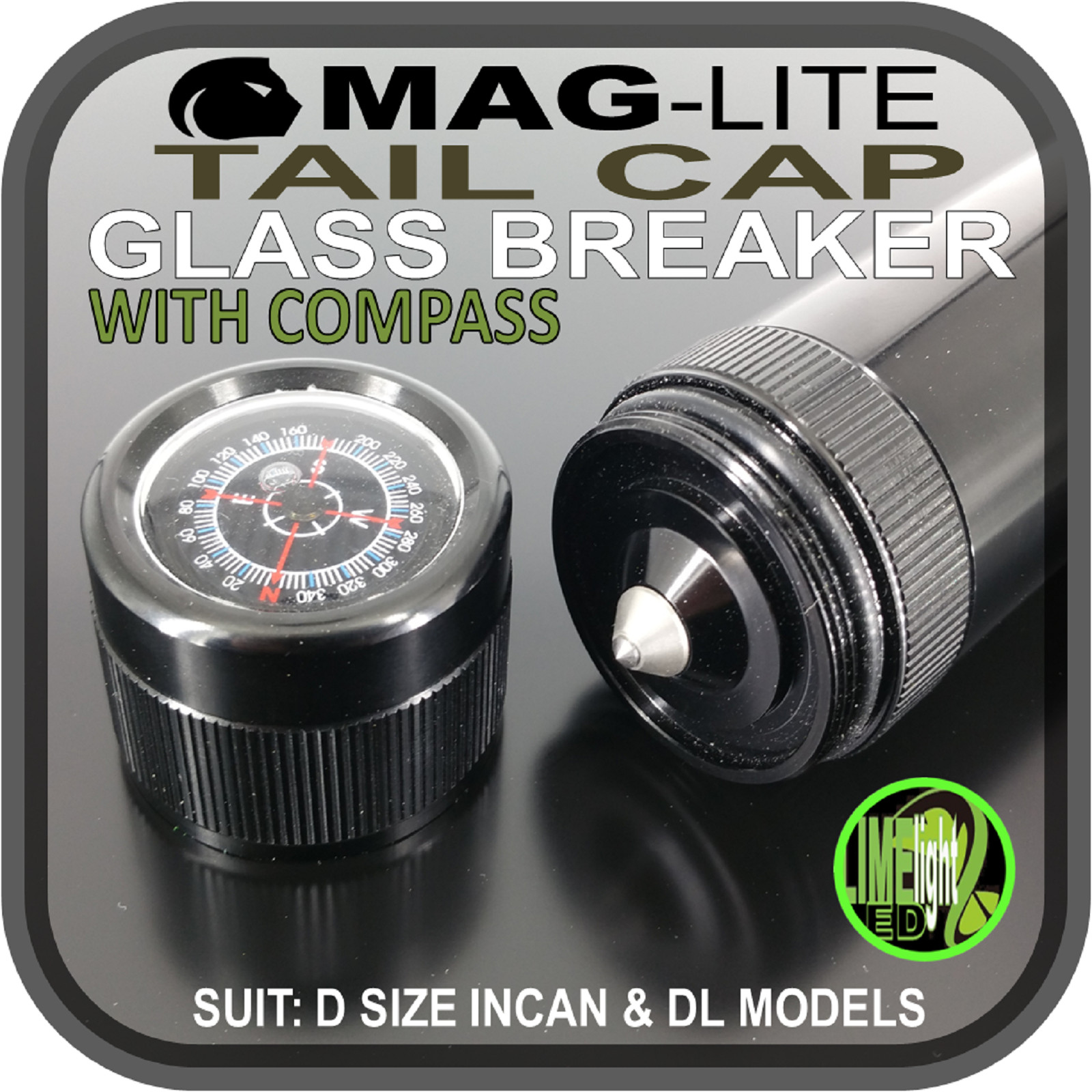 MAGLITE MODIFICATION UPGRADE D TAIL COMPASS WITH GLASS BREAKER D/DL MODELS AU