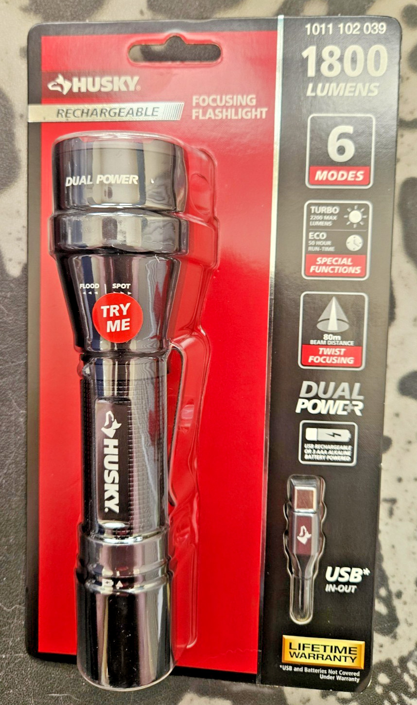 Husky 1800 Lumens Dual Power LED Rechargeable Tactical Focusing Flashlight