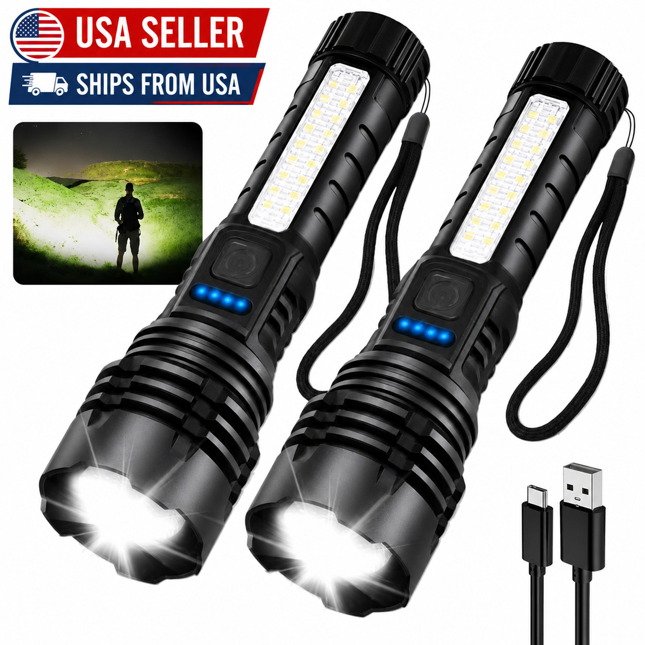 Rechargeable LED Flashlights High Lumens Tactical 7 Modes Camping Emergency 2 Pa