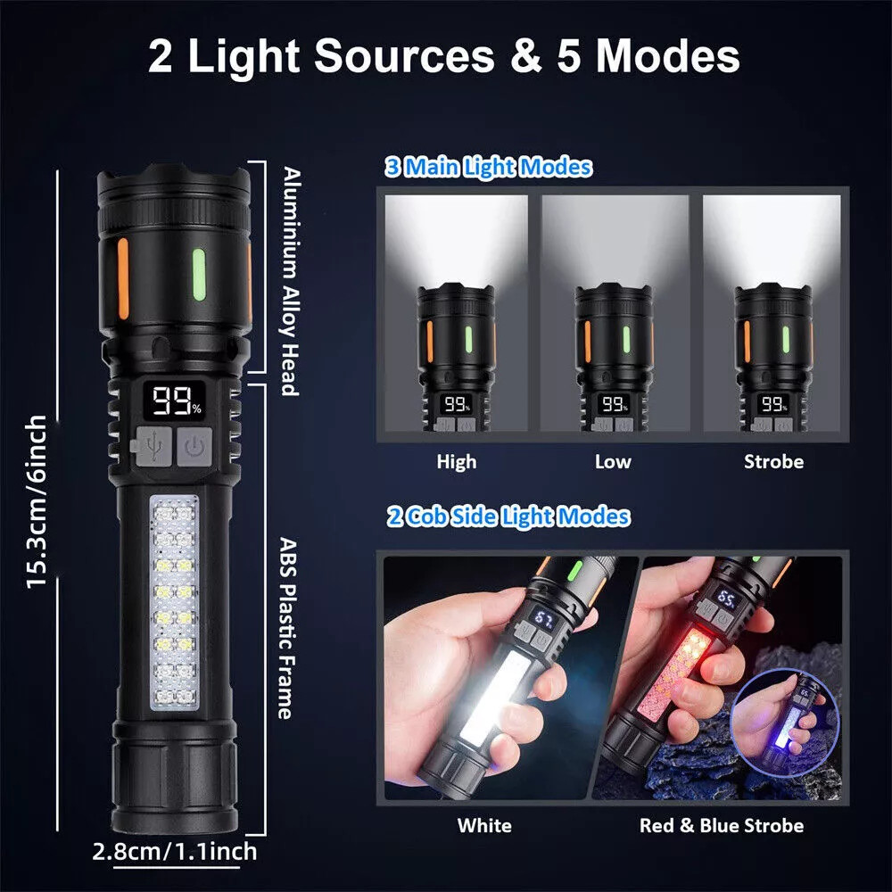 350000000 Lumen Super Bright LED Tactical Flashlight Rechargeable LED Work Light