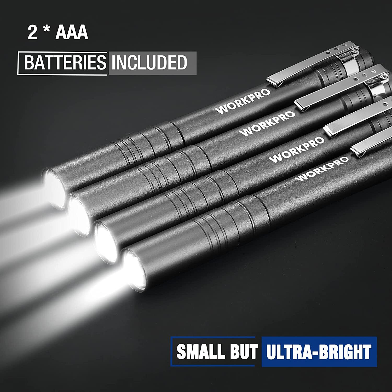 WORKPRO 4-Packs Gray/Blue LED Pen Light Set Pocket Pen Flashlight Penlight Light