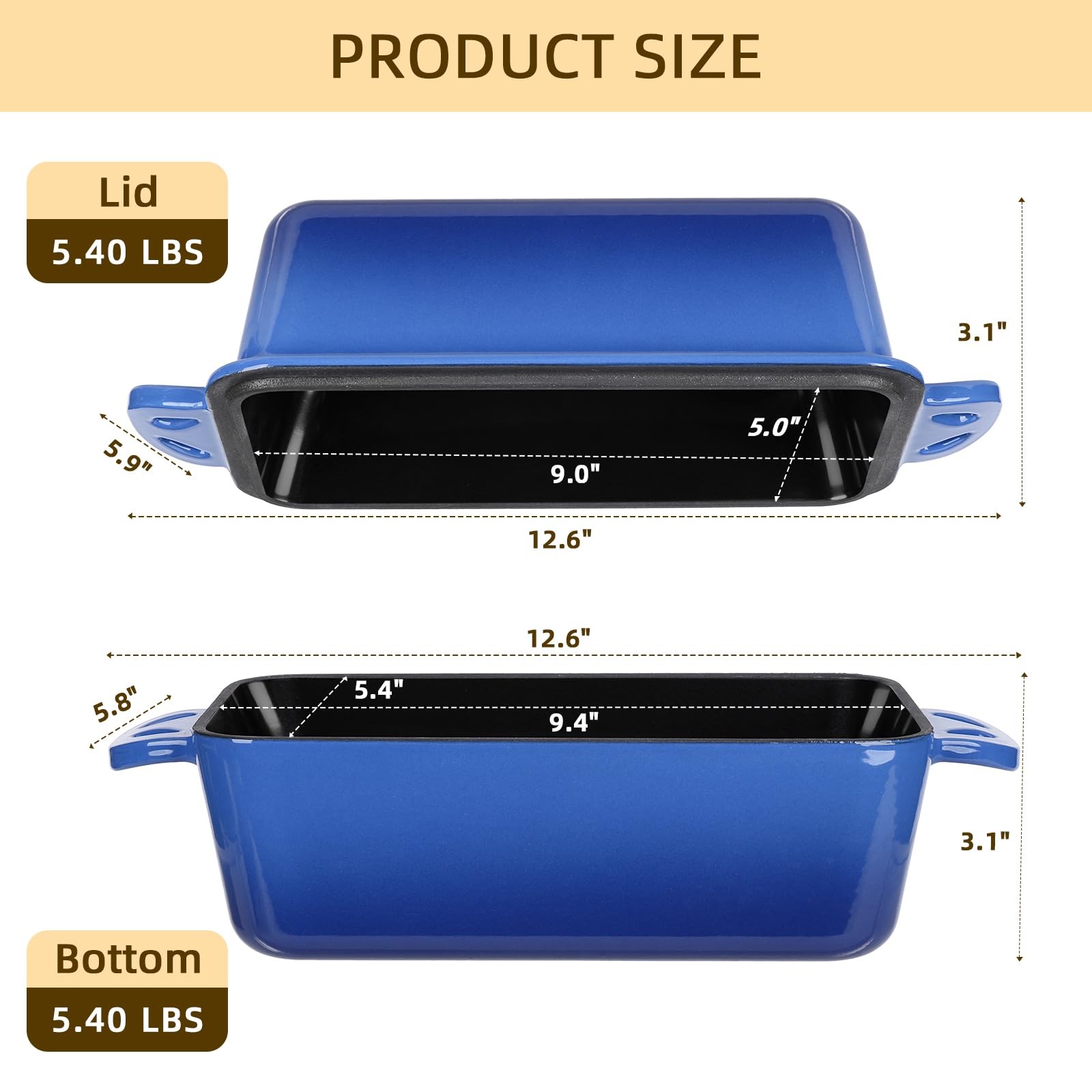 AILITOR 9×5 Enameled Cast Iron Loaf Pan with Lid – 2 in 1 Inch, Blue