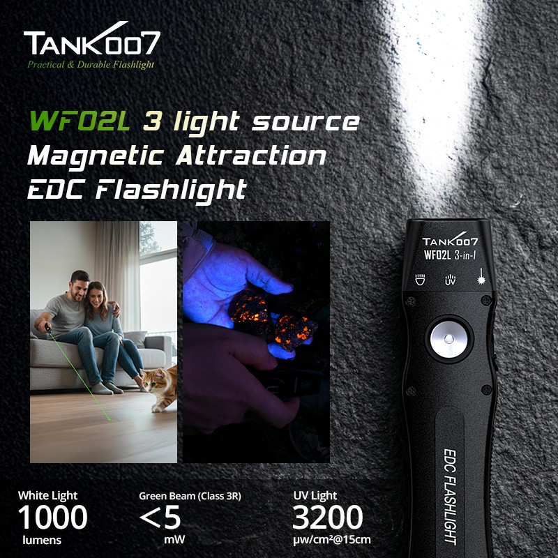 1000LM 3-in1 EDC Flashlight UV Red Blue Light Green Pointer Magnetic Work light