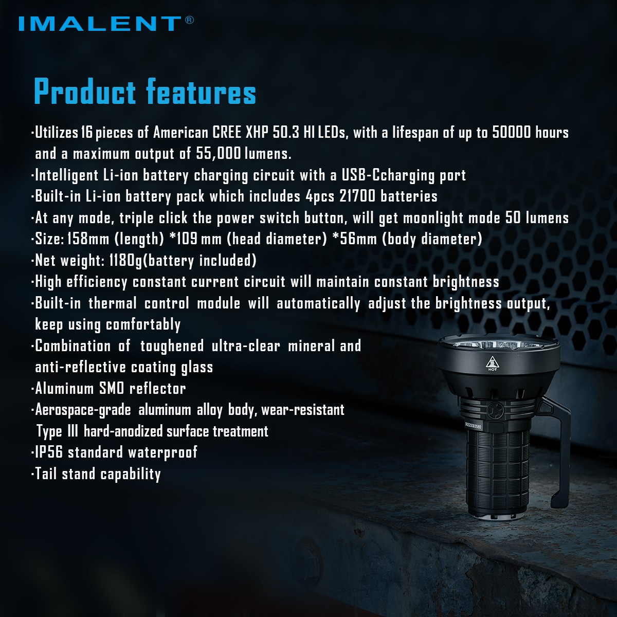 Imalent SR16 Flashlight 55000 Lumens USB Rechargeable LED Spotlight Searchlight