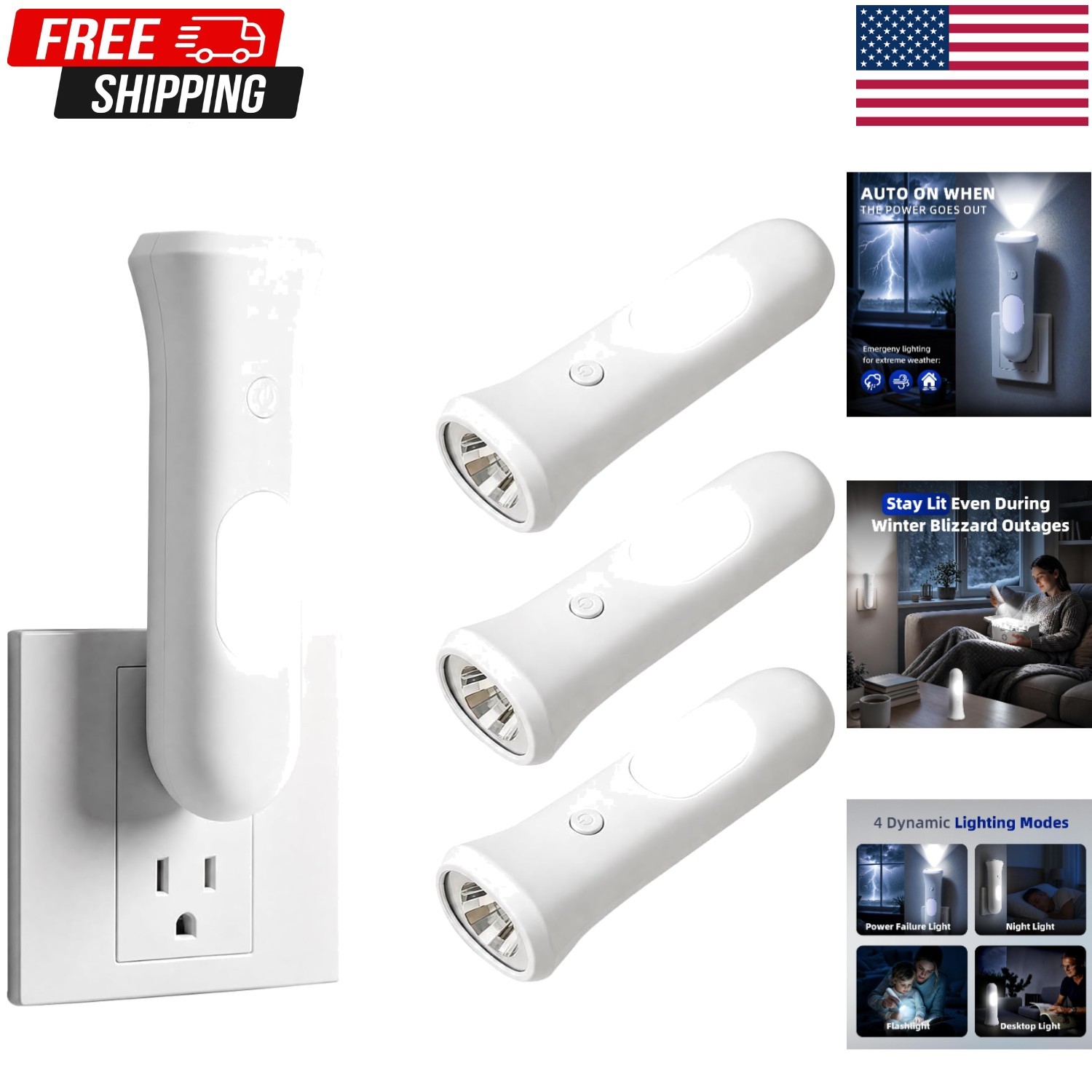 4 in 1 Emergency Lights for Home Power Failure, 3 Pcs Rechargeable LED Flashl…