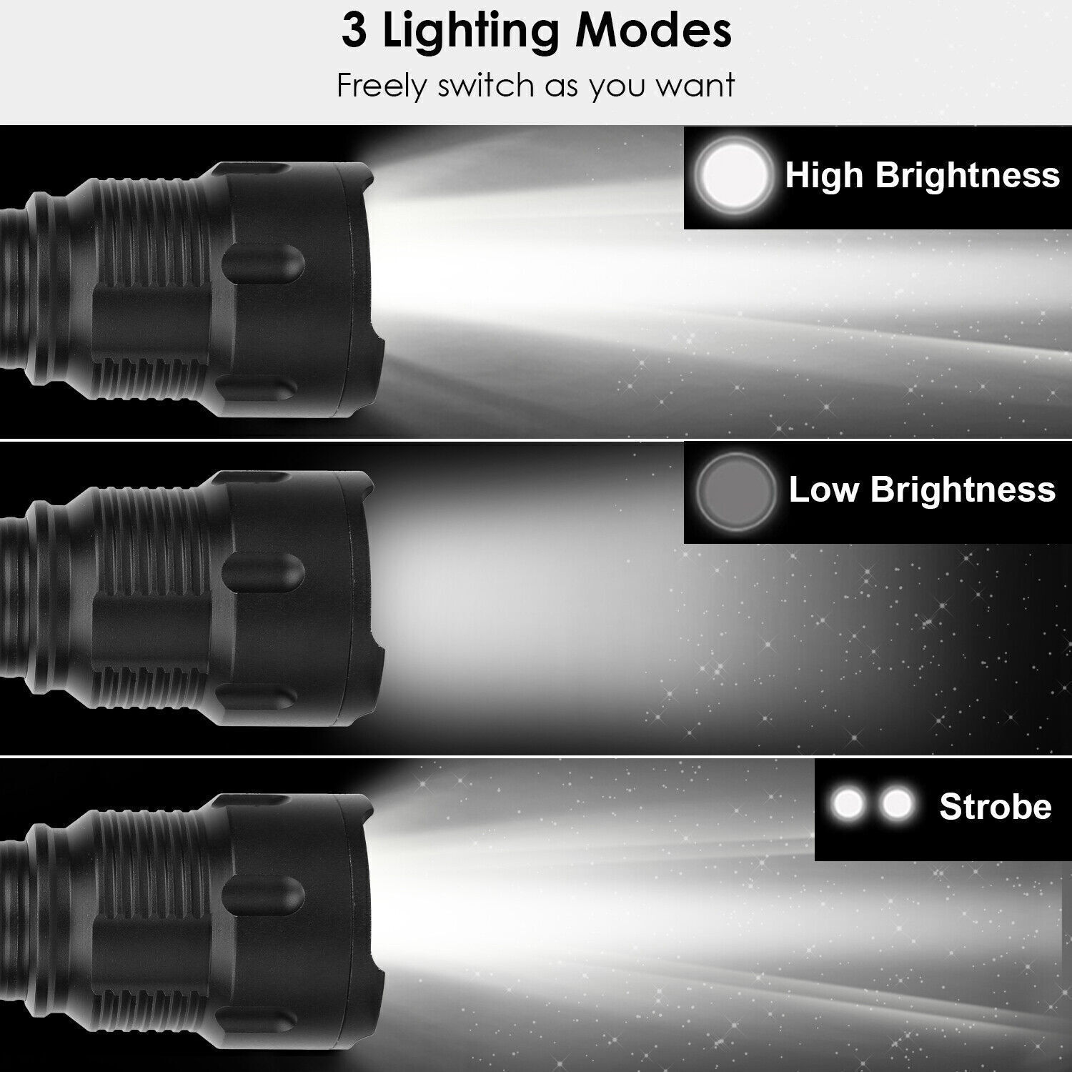 2000LM Rechargeable Flashlight Tactical Zoomable High Low Strobe Torch Aluminum
