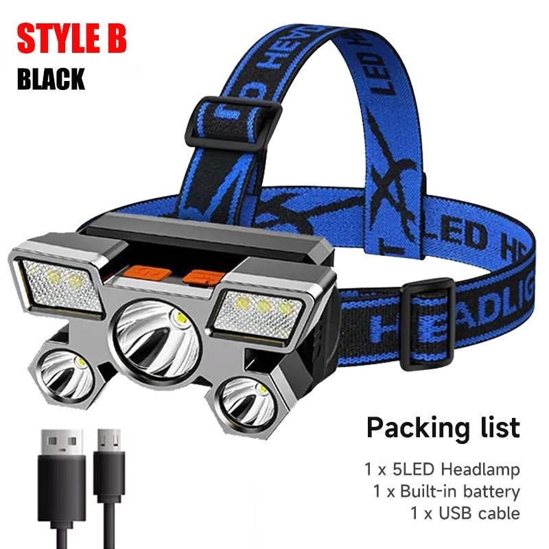 5 LED Flashlight Rechargeable with Built in Lithium Battery Strong Head Light Ca