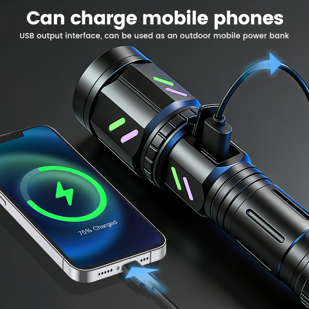Outdoor LED Super Ignition Flashlight Torch USB Charging Zoom Glow in the Dark