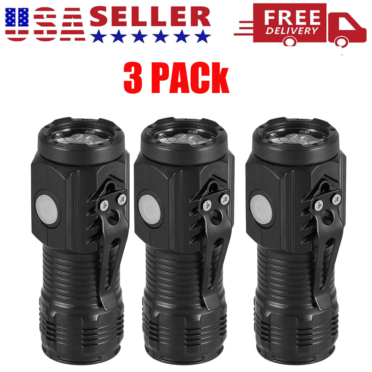 3Pcs Tactical Flashlight Mini USB Rechargeable Super Bright Lamp 5 Modes Light