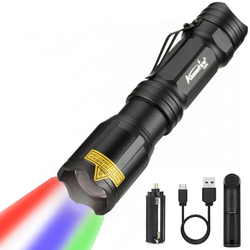 X004 Multicolor 4 Color Led Tactical Flashlight Rechargeable Red Green Blue Whit