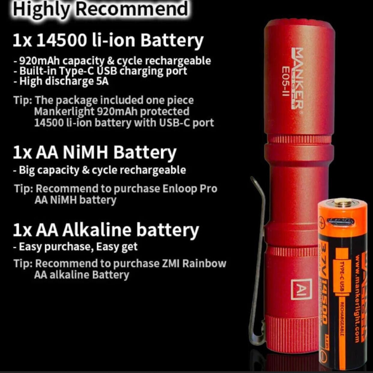 Mankerlight E05-II Red AA EDC Flashlight 1300/800 Lumen MINI Pocket Torch