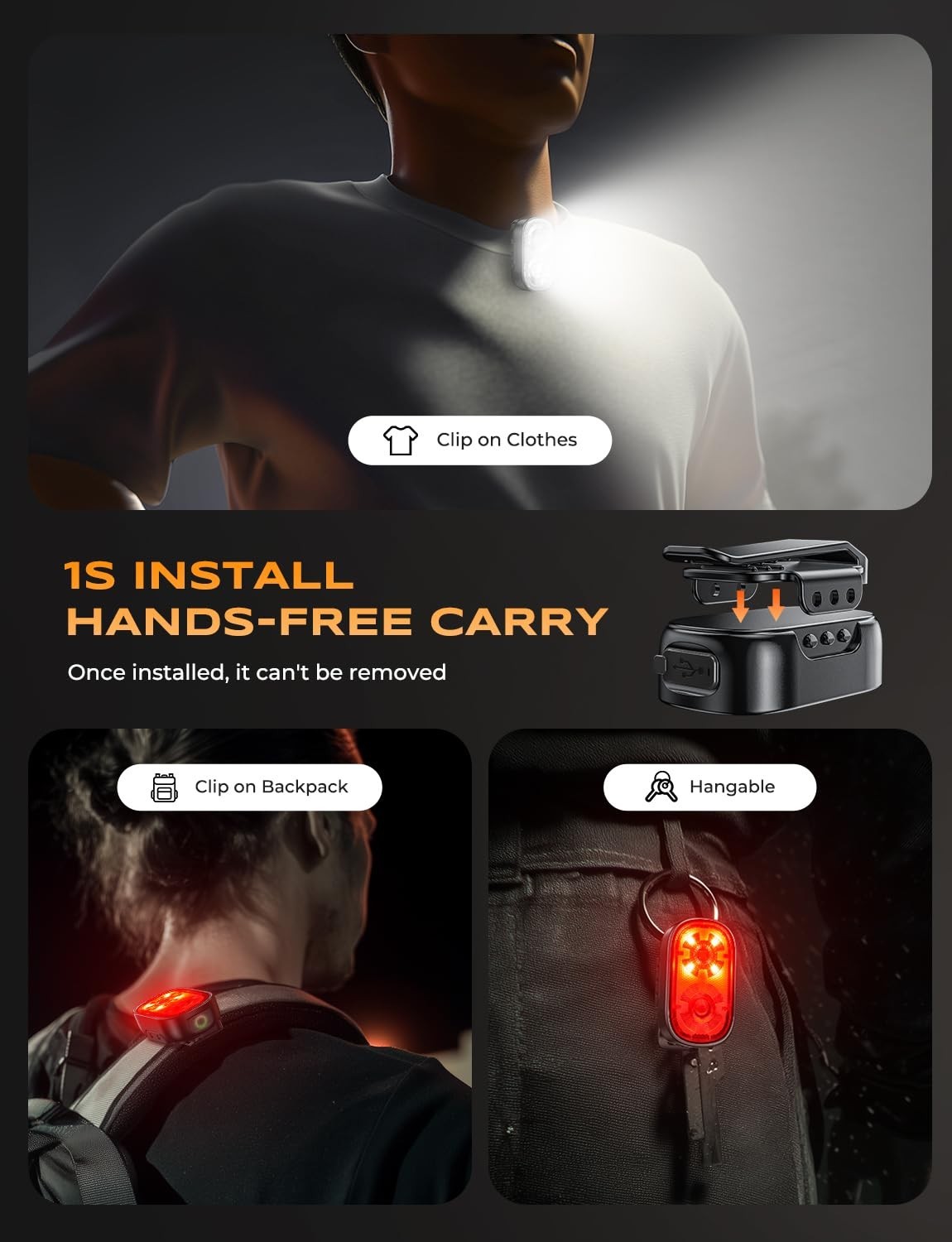500LM Rechargeable Mini Clip-on Flashlight, 10 Modes, Waterproof EDC Light, Hand