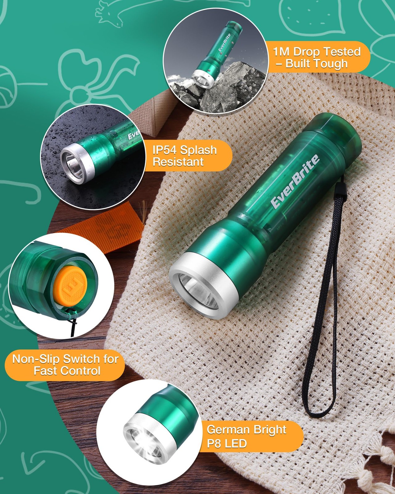 EverBrite 300LM LED Flashlight 3 Lighting Modes IP54 Flash Light 3 AAA Batteries