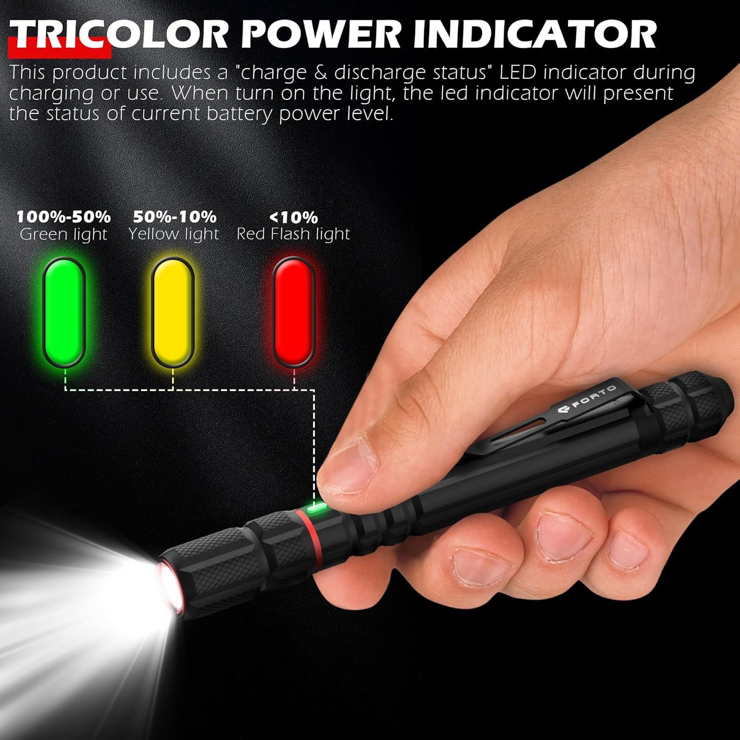 FORTO Rechargeable Pen Light Flashlight, 400 Lumens Small 1 Pack, Black