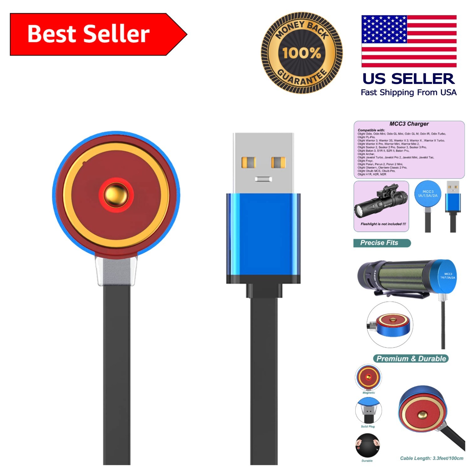 Replacement USB Charging Cable 1m for Olight Odin, Seeker & Warrior Series