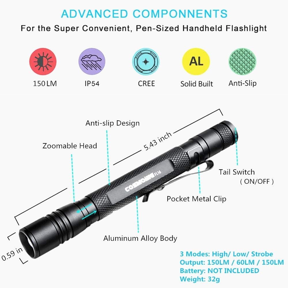 Versatile 150 Lumen LED Penlight with Adjustable Focus – 3 Modes Flashlight