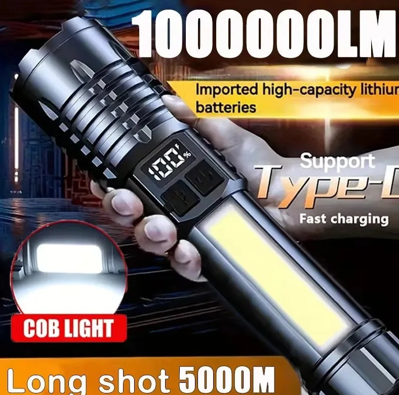 1pc High Power LED Flashlight Rechargeable Type-C Torch with Side Light – NEW