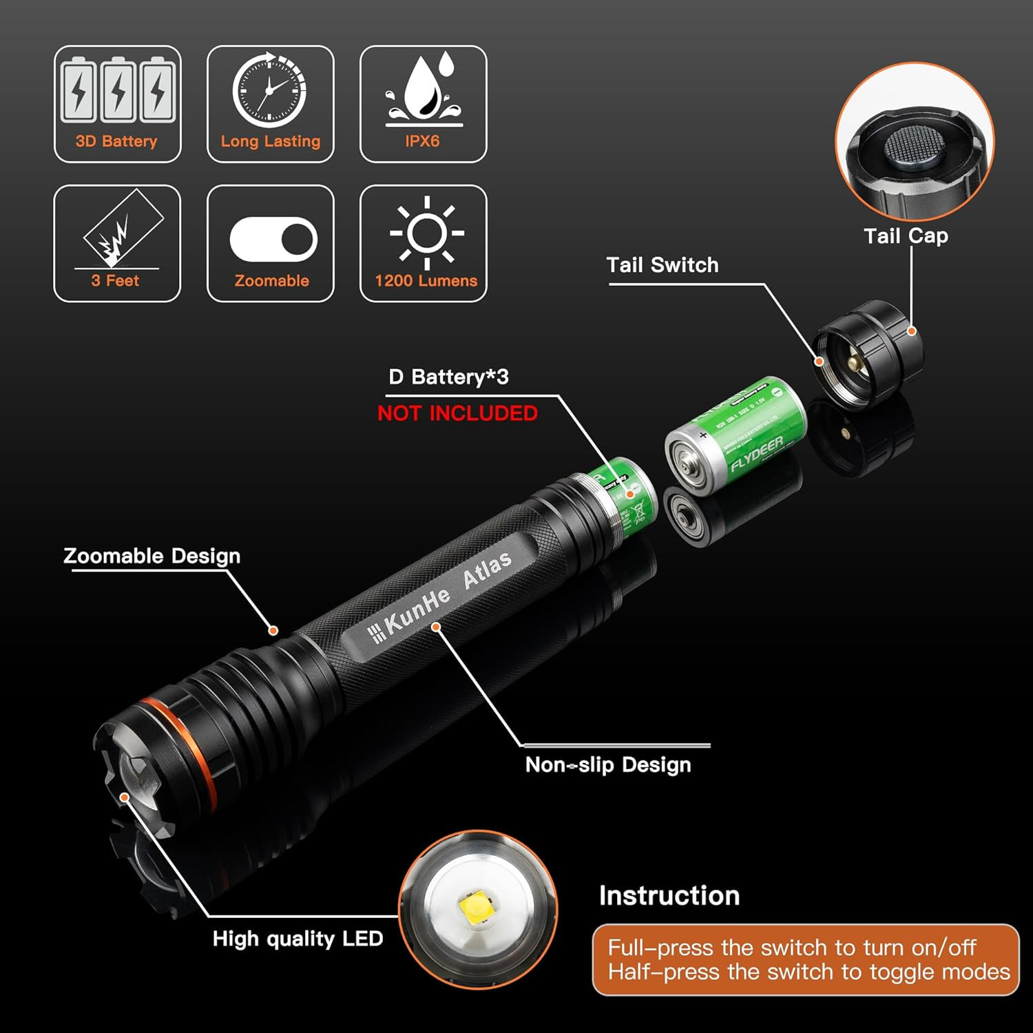 Heavy Duty 3D Cell LED Flashlights Large Aluminum Zoomable High Lumens-1200 LM B