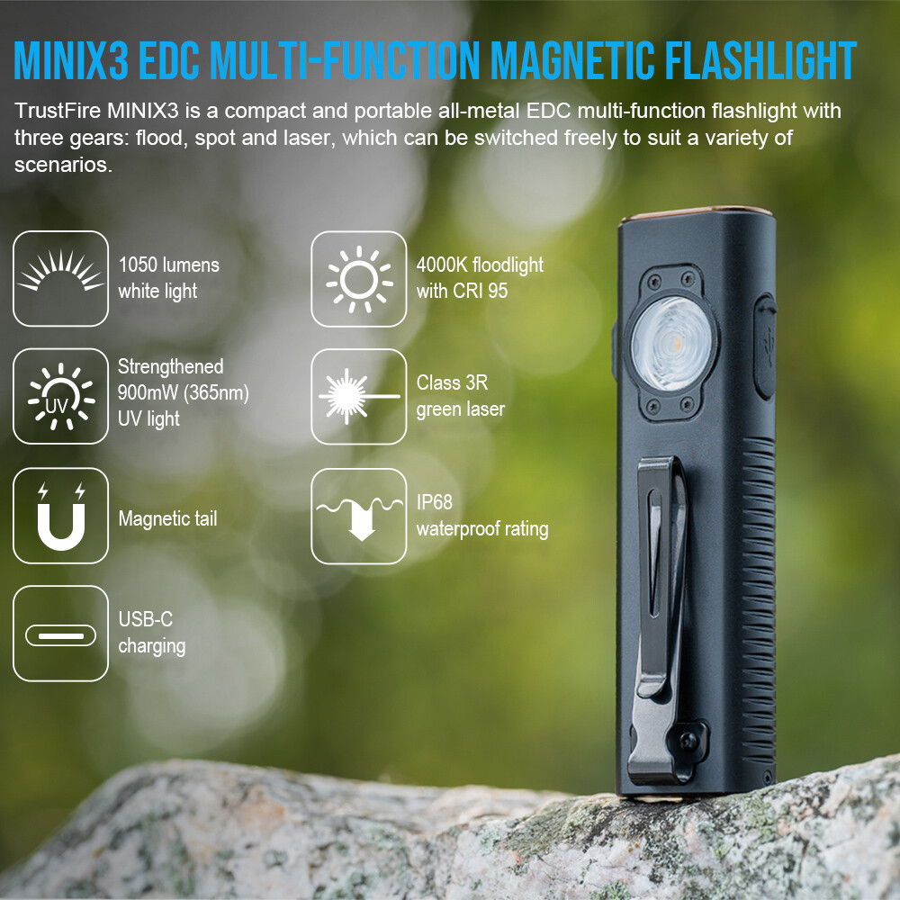 TrustFire MINI X3 4-IN-1, 1050 Lumens EDC Flashlight , Floodlight , UV , Pointer