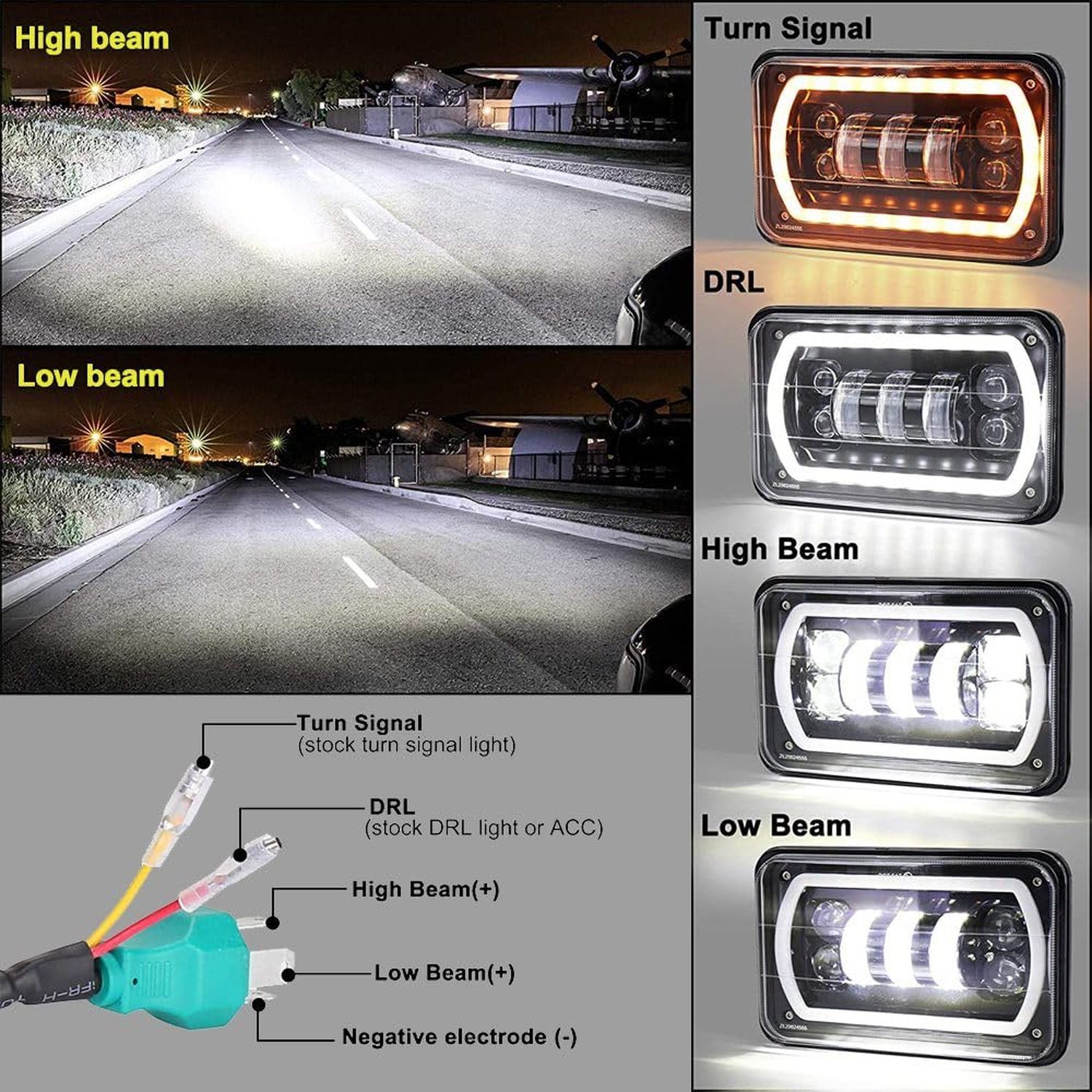 4Pcs 4×6 led headlights with White Yellow Halo Ring High Low Sealed Beam H465…