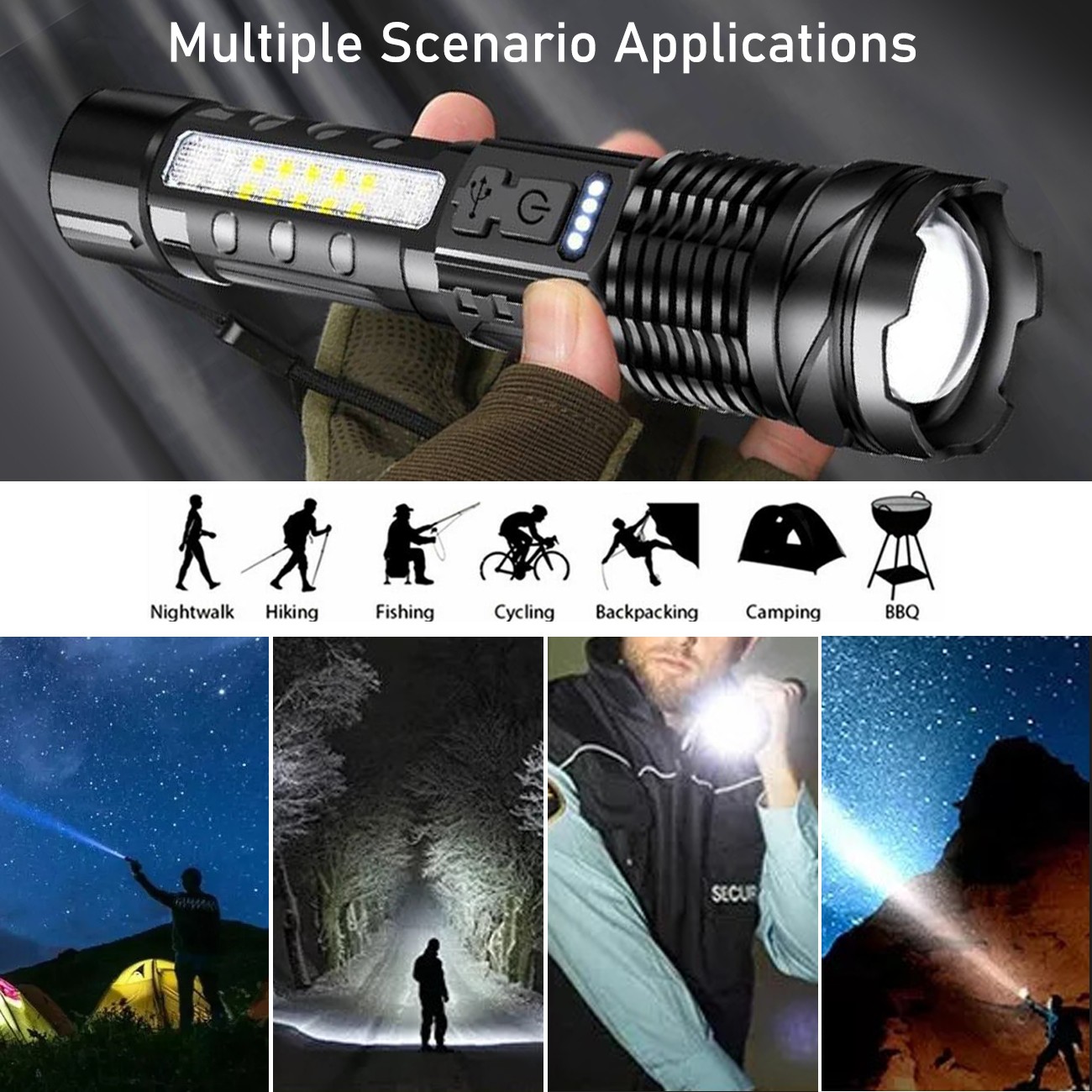 2x 12000000LM Super Bright Telescopic Zoom Flashlight Rechargeable 3Color Light