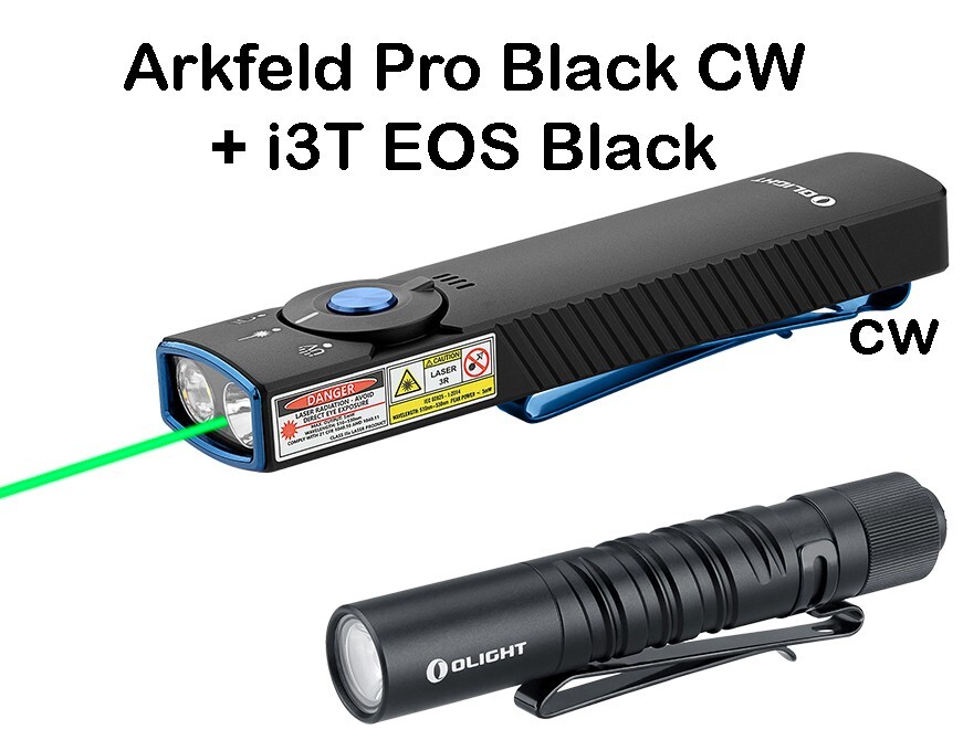 Olight Arkfeld Pro Black CW Flat Flashlight LED Light/UV/Green Beam & I3T Black