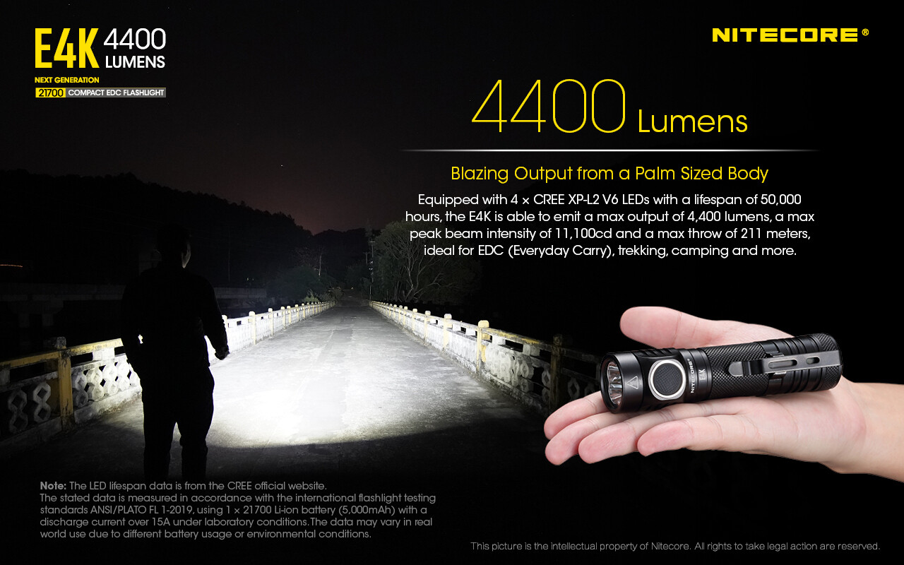 NITECORE E4K EDC Flashlight 4x CREE XP-L2 V6 4000 Lumens w/ EXTRA NL2150HPR