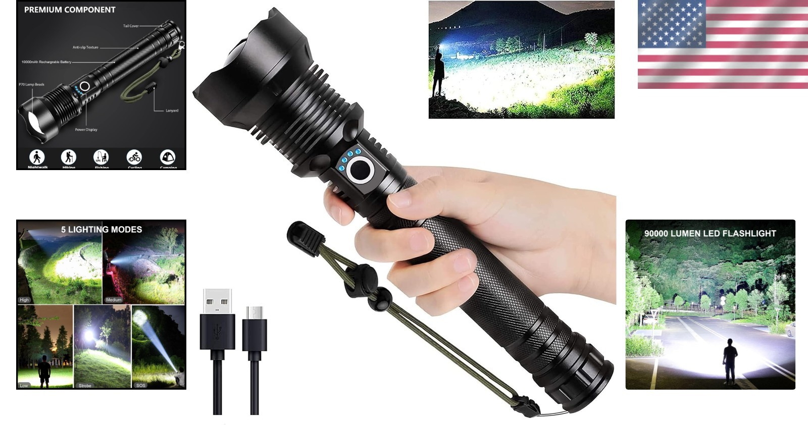 Powerful 90000 Lumens Flashlight with Rechargeable Battery#^