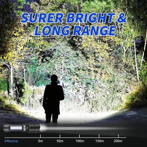 Rechargeable Tactical Flashlight Zoom 5 Modes Red Blue Warning Light USB C Light