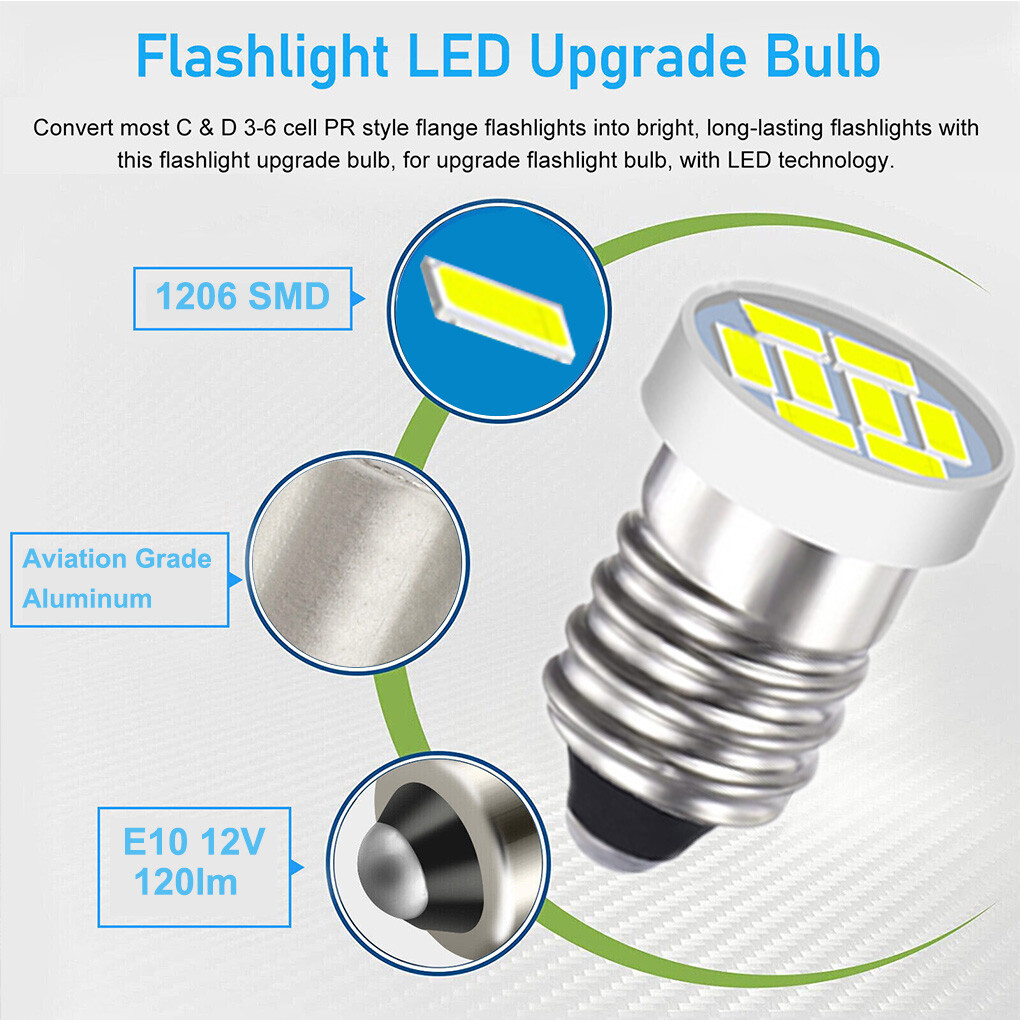 10Pcs 1206Chip DC 12V E10 LED 6000K 120lm For Flashlight Torch Lamp Light Bulb