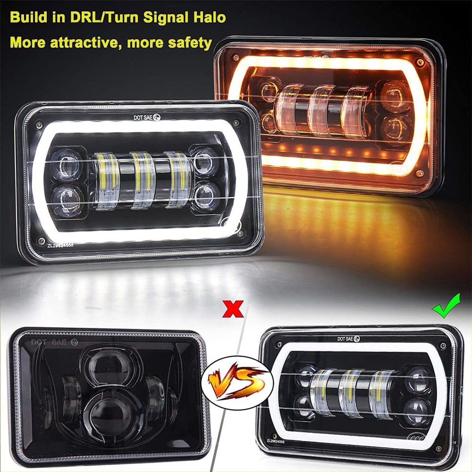 4Pcs 4×6 led headlights with White Yellow Halo Ring High Low Sealed Beam H465…