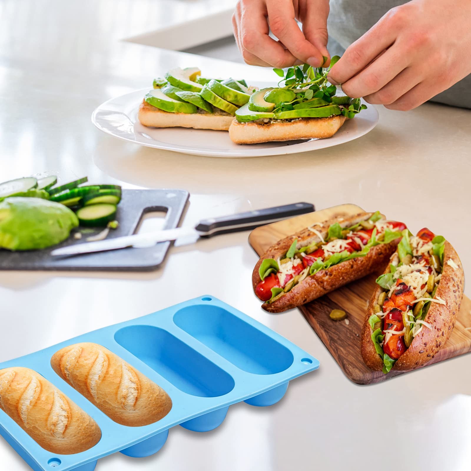 CANIPHA 2 Pack Hot Dog Bun Pan, Silicone Molds 22*13, Blue
