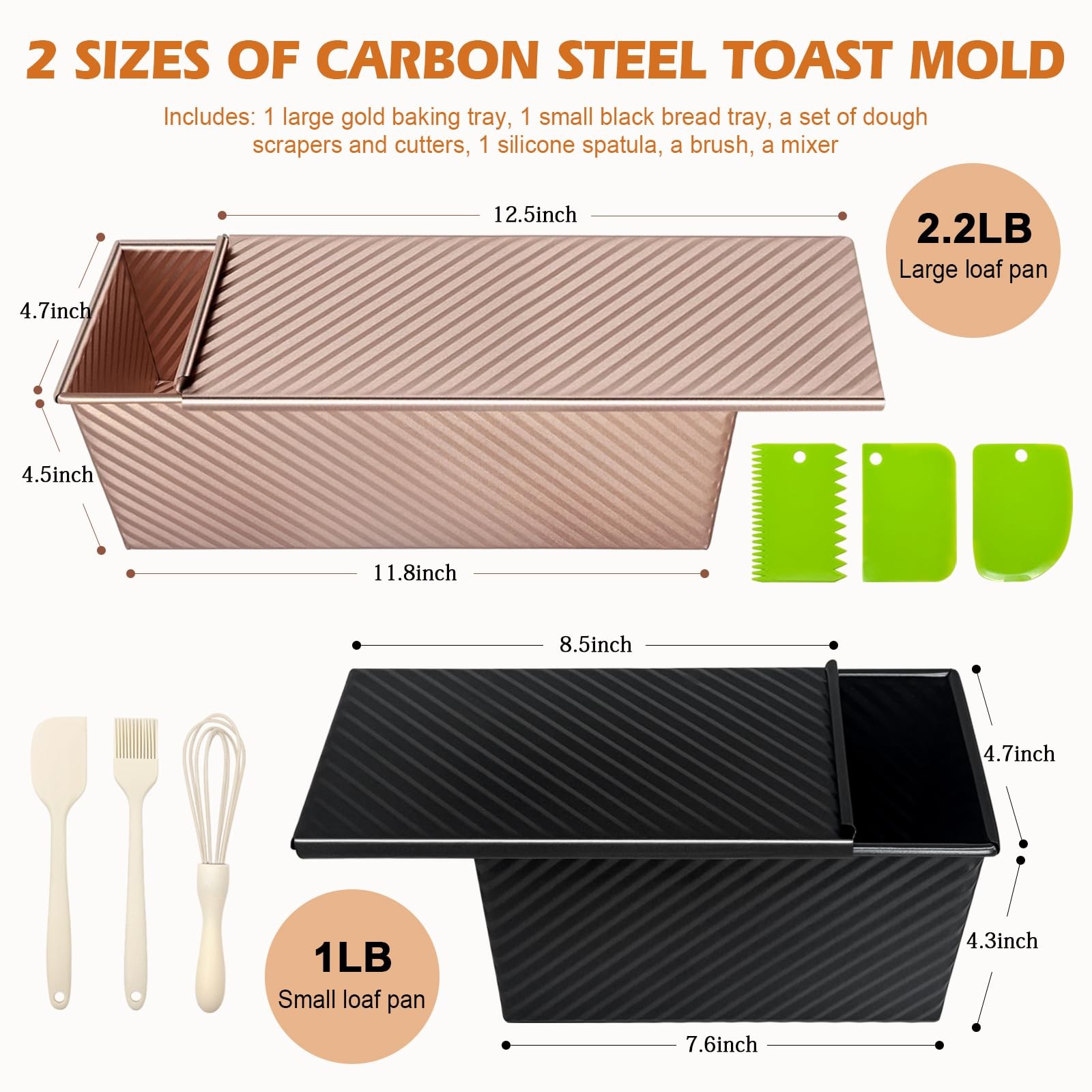 Dipanist 2Pack Pullman Loaf Pans with Lids 2.2LB & 1LB (2-Pack), Gold & Black
