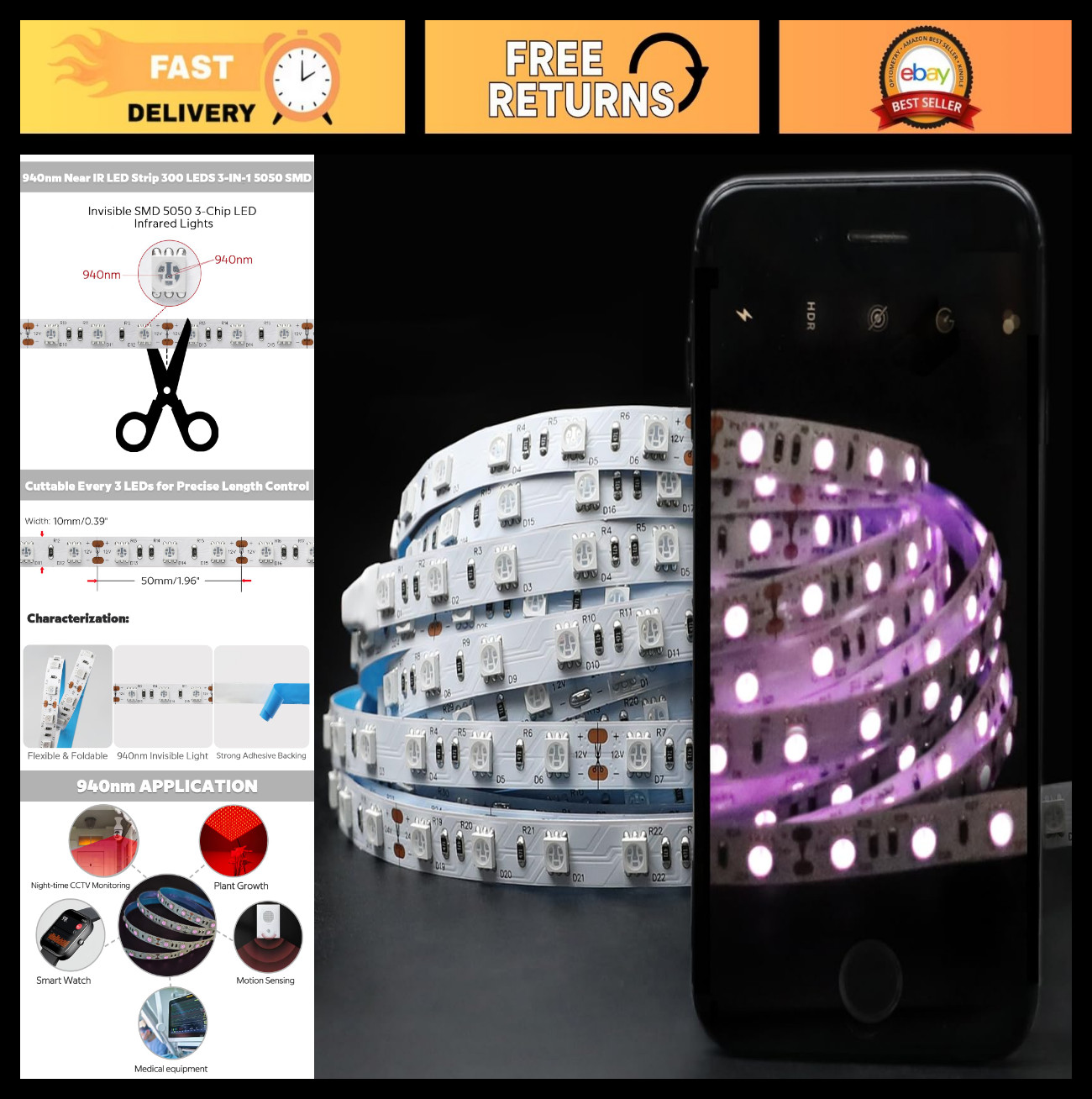 940nm IR LED Strip Light – 12V 72W 5M Flexible Tape for Night Vision & Therapy