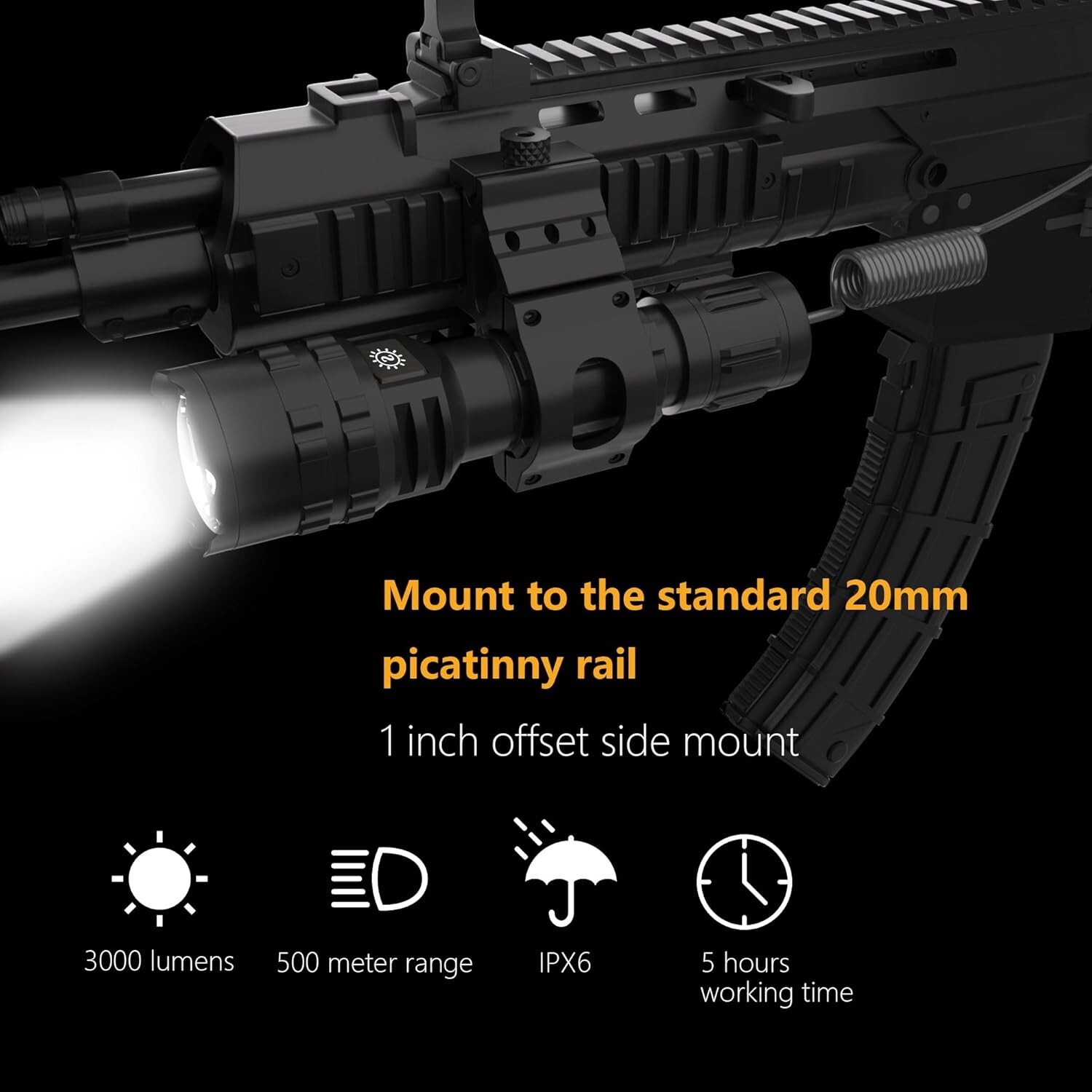 Durable Matte Black Tactical Flashlight – 500m Range, 5 Modes, USB Rechargeable