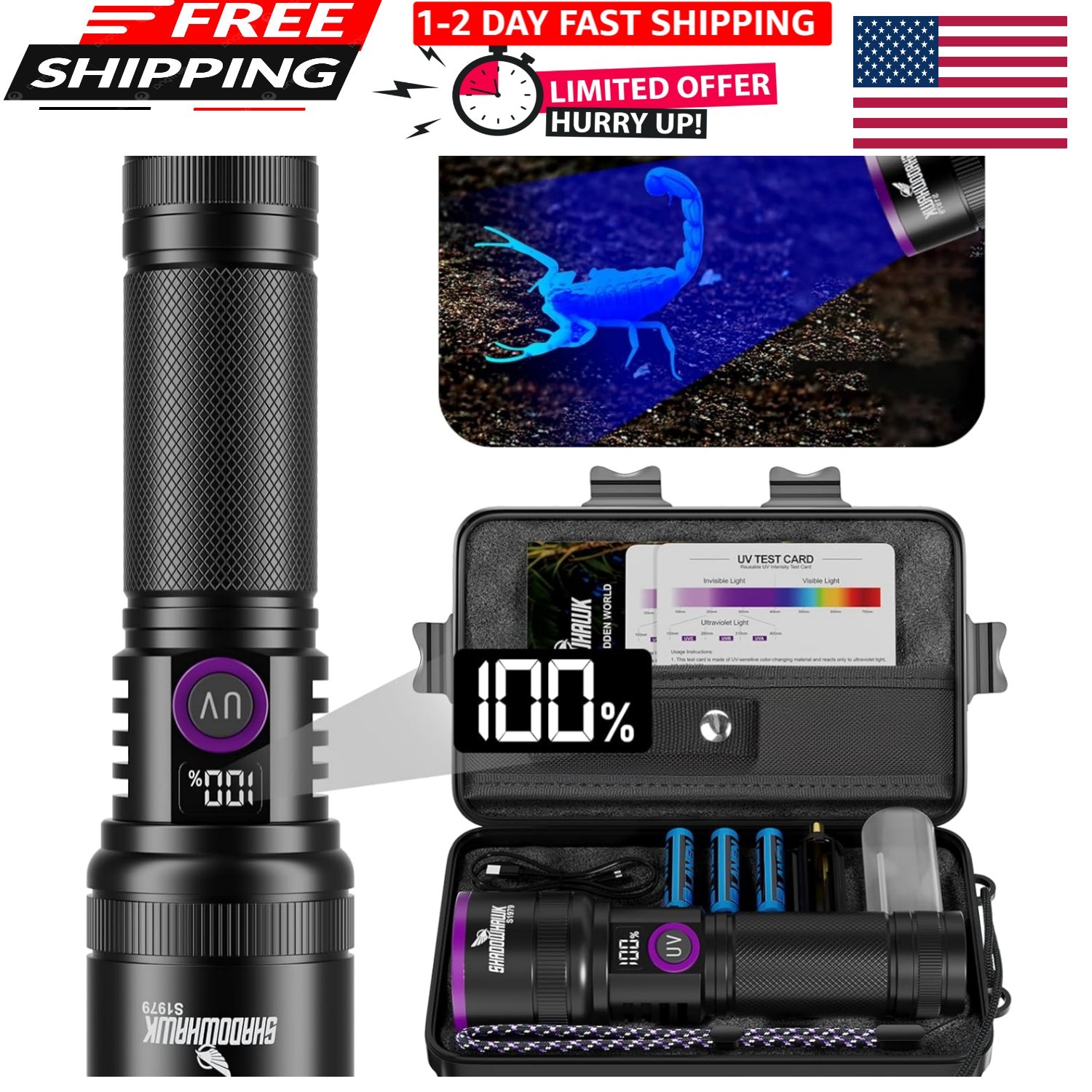 365nm UV Flashlight with Filter Lens – 30w Powerful Black Light
