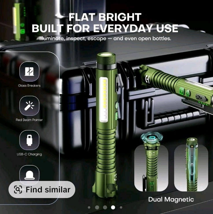 EDC Rechargeable Flashlight LED Magnetic Base Blue 11 Modes With Glass Breaker