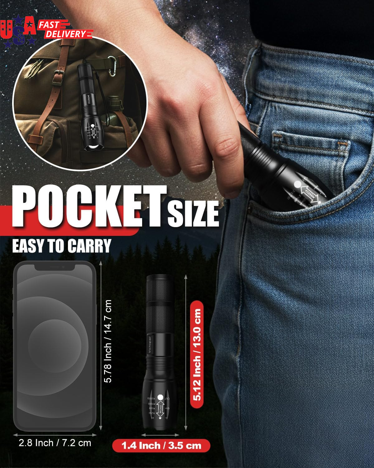 Rechargeable Flashlight, Titanium 5 Modes Zoomable Flash Light, Bright Real 1500