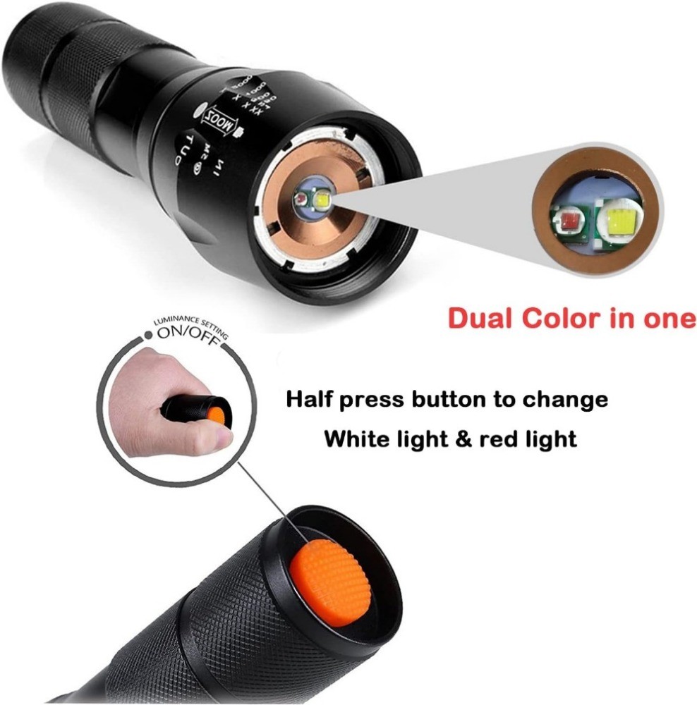 Upgraded Red Flashlight Powerful White & Red Light Zoomable Red LED Torch