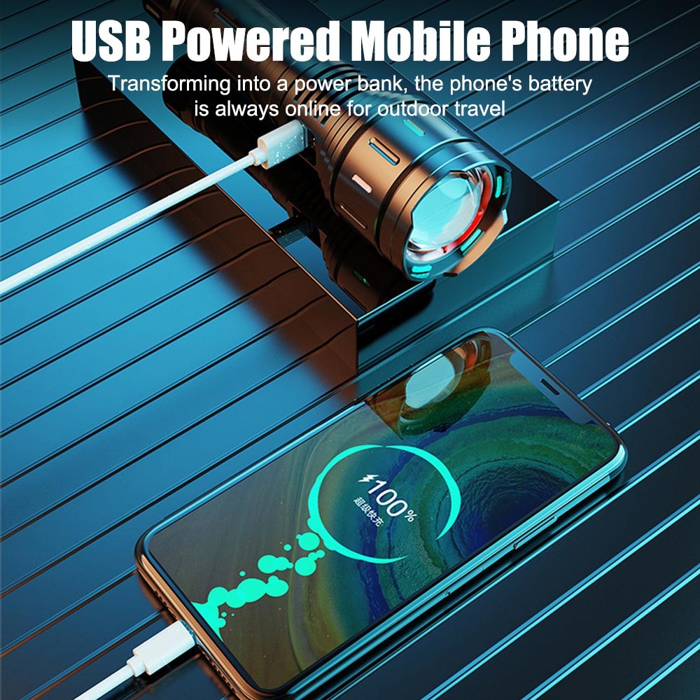 30W Strong White Laser LEP Flashlight Torch Zoomable USB Charging With Luminous