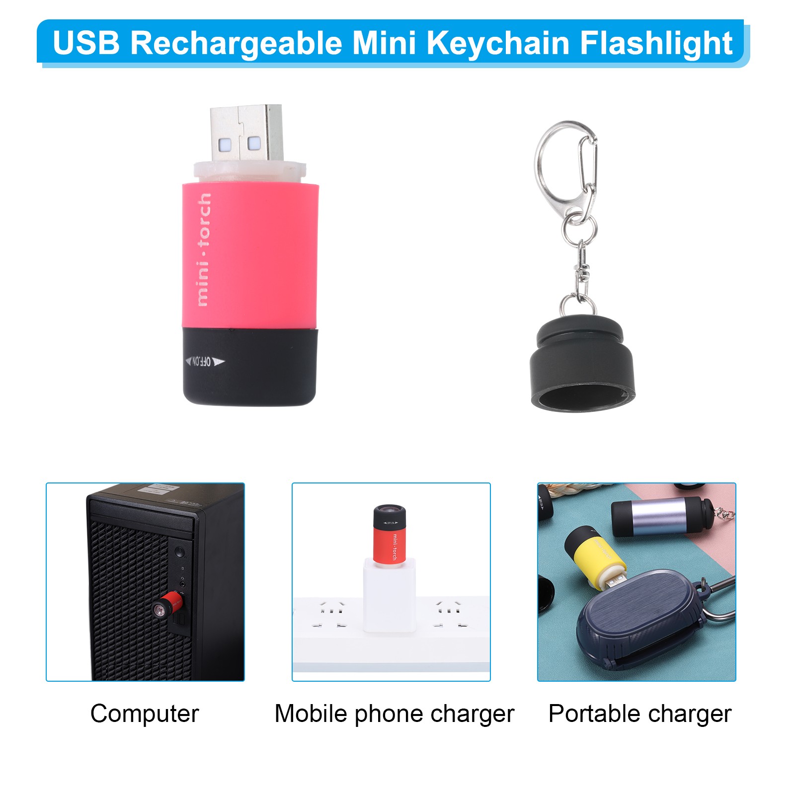 Mini Keychain Flashlight, LED Flashlight Torch USB Rechargeable, Pink