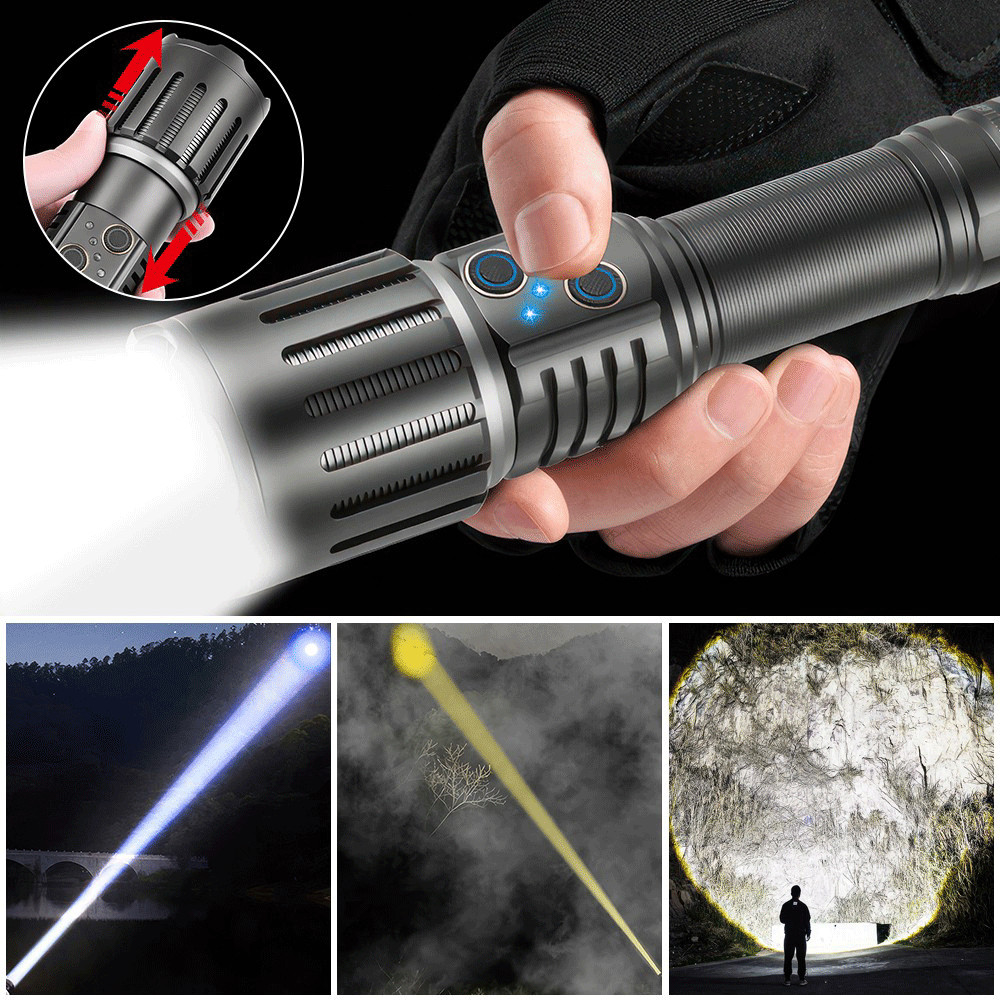 Flashlight Super Bright White+Yellow Light LED Zoom Type-C USB Camping Hiking