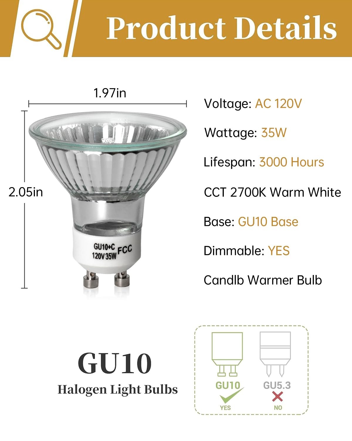 120v 35W GU10 Bulb for Candle Warmer Lamp, 2pcs gu10+c Dimmable 2800K Warm