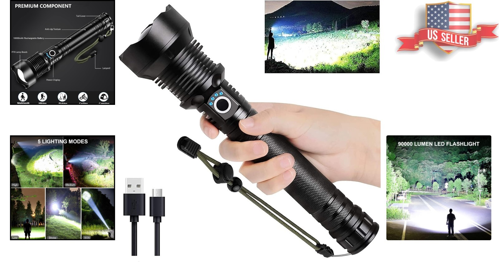 Powerful 90,000 Lumens LED Flashlight with Multi-Mode Settings & Long Beam