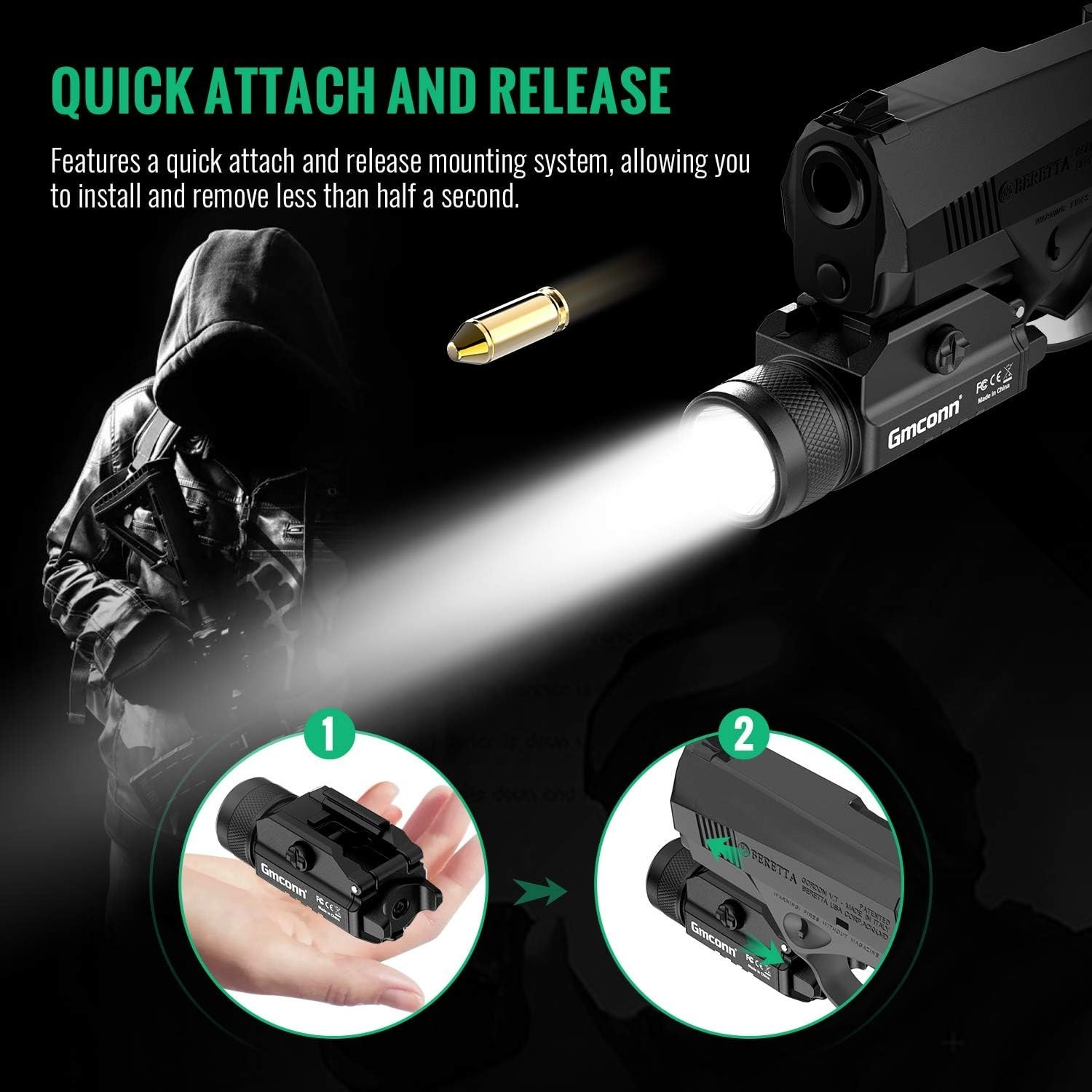 GMCONN Aluminum Green Laser Sight & Flashlight 500 Lumens for Picatinny Rail
