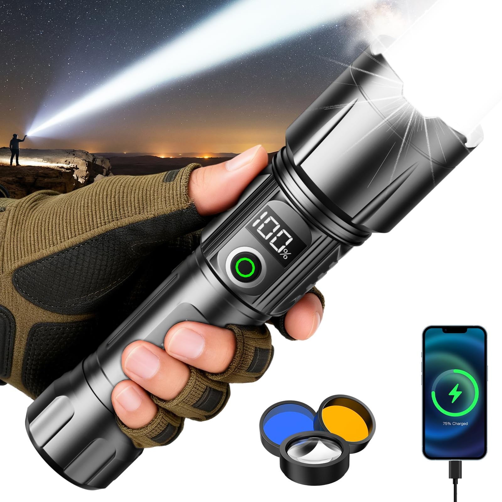 Tactical Flashlight Rechargeable with Fire Starter, 2800 Lumens Super Bright …