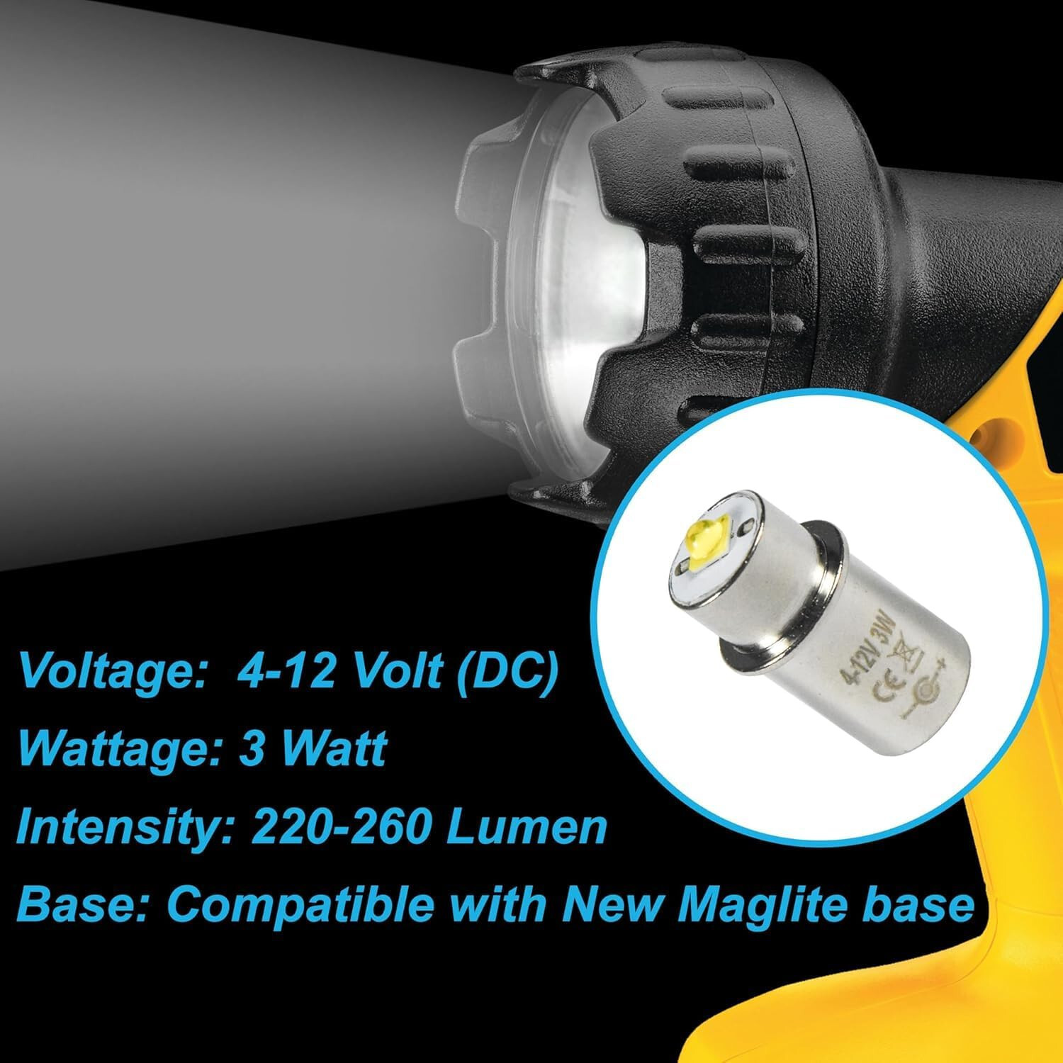 HQRP Glass Lens and 3W LED Bulb for Maglite 3-4-5-6 D/C Cell Torch Flashlights