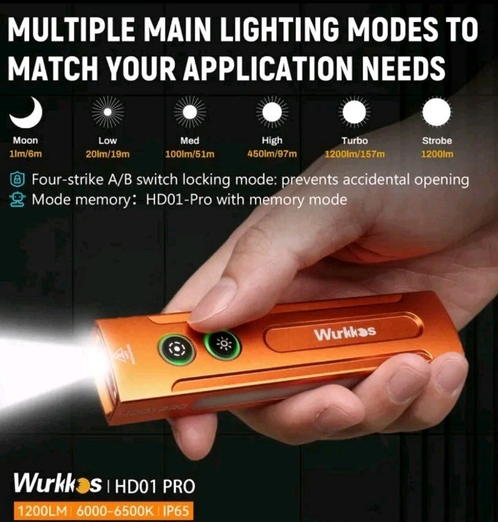 Wurkkos HD01 Pro Rechargeable EDC Flat Flashlight LED UV Laser 1200 Lumens