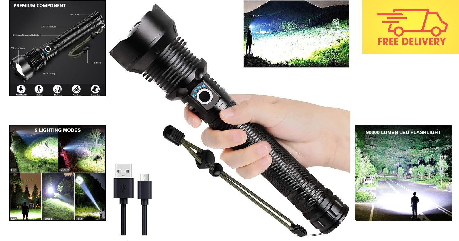 Compact 90,000 Lumens Flashlight – Rechargeable, Lightweight, Waterproof Design