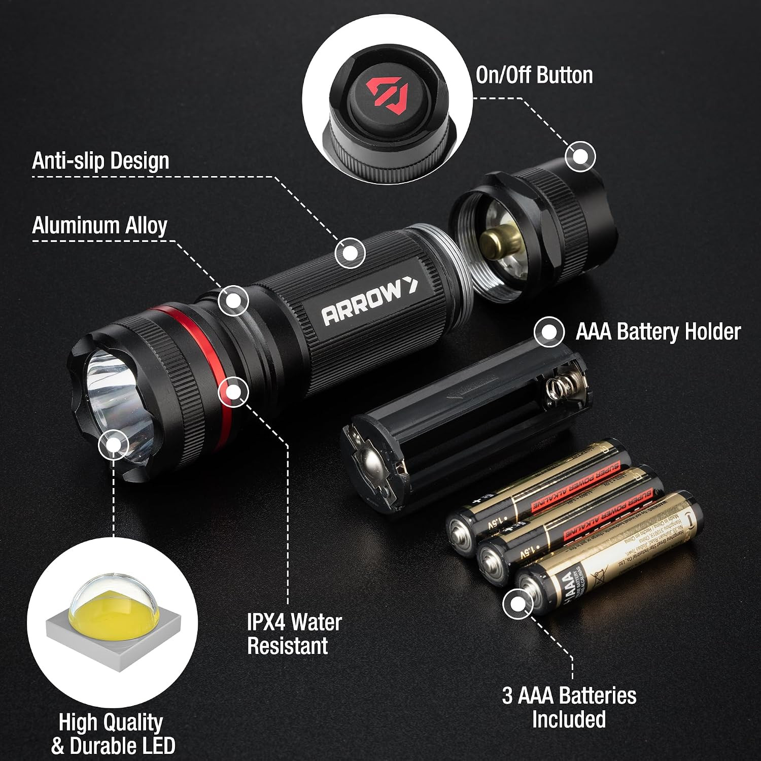 Arrow LED Flashlight 350 Lumens, Bright Flash Light with High/Low/Strobe Modes,